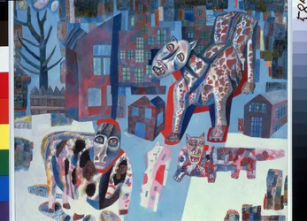 Animales (Animales). Monstruos gigantes que invaden las calles de una ciudad. Obra de Pavel Nikolayevich Filonov (1883-1941), óleo sobre papel