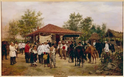 Guerra ruso-turca de 1877-1878: El personal de 12 cuerpos del ejército ruso en Bulgaria en 1877. Pintura de Pavel Osipovich Kovalevsky