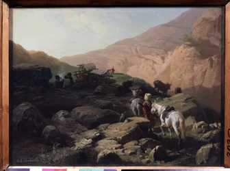 El Cáucaso. Los viajeros se detienen en las montañas, alrededor de un fuego de leña, con carros y carretas cerca. Las vacas pastan cerca y los caballos, aún ensillados, se dirigen a un prado de hierba. Pintura de Pave