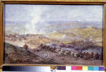 Una escena de la guerra ruso-turca (1876-1878). Campo de batalla en los Balcanes, donde se enfrentan los soldados del ejército ruso y del Imperio Otomano, durante el asedio de Pleven (o Plevna, en Bulgaria), en 1877. Pintar