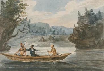 Dos indios y un hombre blanco en una canoa, 1811-ca. 1813