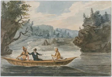 Dos indios y un blanco en una canoa