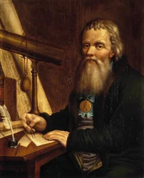 Portrait de Ivan Petrovich Koulibine (Kulibin) (1735-1818), inventeur et mecanicien russe, utilisant un compas (Retrato del mecánico e inventor Ivan P. Kulibin). Pintura de Pavel Petrovich Vedenetsky (1766-1847)