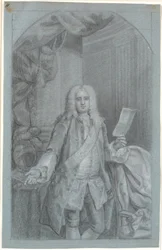Estudio de retrato (de rodillas) de un hombre de pie con el brazo derecho sobre una mesa con casco, y en la mano izquierda un documento. Banda de orden con elefante y una estrella a la izquierda de la banda (caballero azul)