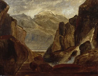 Paisaje de fiordos con cascada (óleo sobre lienzo)