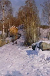 Paisaje invernal con niños en trineo