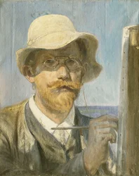 Un autorretrato del artista, cabeza y hombros en su caballete