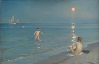 Niños bañándose en Skagen. Noche de verano