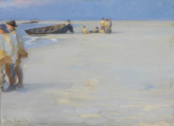 Pescadores en la playa norte de Skagen. Atardecer de verano