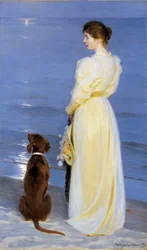 Tarde de verano en Skagen. La esposa del artista con perro en la orilla