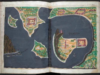 Plano de Hormuz, del manuscrito portugués Livro do Estado da India Oriental de Pedro Barreto de Resende