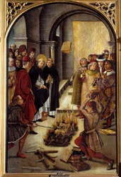 San Domingo y los albigenses (El Milagro de Fanjeaux): el santo entrega a los albigenses el libro que refuta su herejía y los albigenses intentan quemarlo, sin éxito. Pintura de Pedro Berruguete (1450-1504). Siglo XVI. Madrid