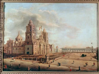 Vista de la Catedral Metropolitana y el Palacio Nacional, Ciudad de México, México. Pintura de Pedro Gualdi (1809-1857), Ciudad de México, Museo Nacional de Historia, Castillo de Chapultepec