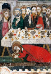 María Magdalena lavando los pies de Cristo con sus cabellos, por Pedro Serra o Pere Serra (activo entre 1363 y 1399), pintura sobre madera.