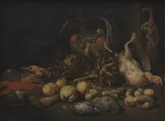 Naturaleza muerta con frutas y pájaros