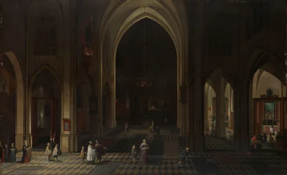 Interior de una iglesia gótica de noche mirando al este