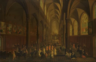 El interior de la iglesia de los dominicos, Amberes, mirando hacia el este, con la procesión del Santo Sacramento