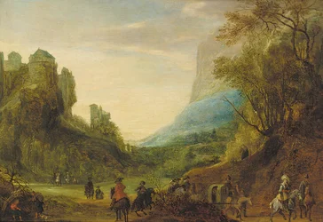 Paisaje alpino con viajeros en un valle