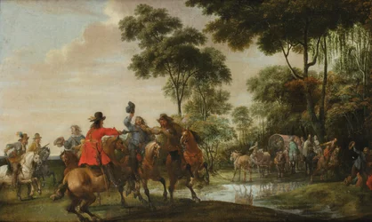 Bandidos asaltando un coche de toldo junto a un arroyo en el bosque