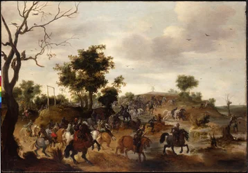 Paisaje con una batalla de caballería, horca y un molino de viento al fondo