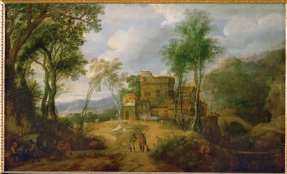 Paisaje de montaña con castillo (pintura sobre madera de roble)
