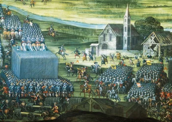 La batalla de la Montaña Blanca cerca de Praga, 7-8 de noviembre de 1620, pintura de Pieter Snayers (1592-1667), conservada en Santa Maria della Vittoria, Roma. Detalle. Guerra de los Treinta Años, República Checa