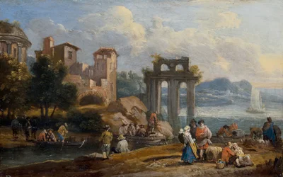 Figuras en un paisaje descansando cerca de unas ruinas