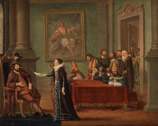 Cristina Gyllenstierna con la carta de salvoconducto ante el rey Christian II de Dinamarca (1481-1559)