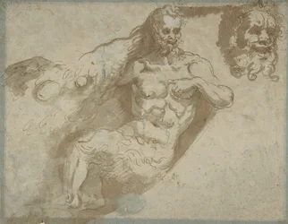 Sátiro sentado, con cabeza agrandada del mismo (recto), cabeza de una mujer (verso), 1527-96