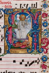 Biblioteca Piccolomini: libro de coro, cod. 101.7, ff. 14r con la "Resurrección de Cristo", de Pellegrino di Mariano. Detalle.