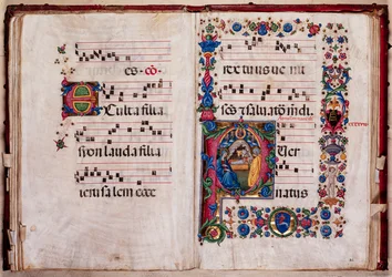 Biblioteca Piccolomini: libro de coro, cod. 102.8, ff. 47v-48r con la "Natividad", de Pellegrino di Mariano.