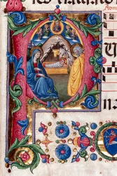 Biblioteca Piccolomini: libro de coro, cod. 102.8, ff. 48r con la "Natividad", de Pellegrino di Mariano. Detalle.