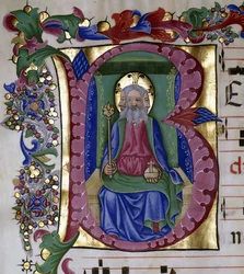 La Santísima Trinidad: Dios Padre en su majestad entronizado, sosteniendo orbe y cetro, representado con tres caras, dentro de una inicial "B", c.1480