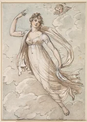 Mujer flotando en el cielo, observada por un querubín