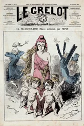 Un número de «La campana» que representa una alegoría del himno nacional «La Marsellesa» avanzando mientras los nobles se tapan los oídos al huir. Ilustración de Pepin. 10/02/1878. Colección privada
