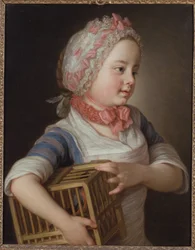 Niña con jilguero en una jaula