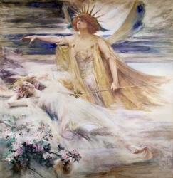 "El espíritu del nuevo siglo" Alegoría del siglo XX emergiendo sobre el dormido siglo XIX. Pintura de Percy Anderson (1851-1928) (prerrafaelita) 1900 Colección particular