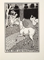 El burro y el perrito, de Fábulas de Fontaine, pub. 1905