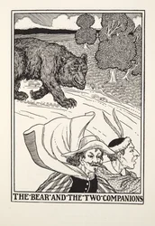 El oso y los dos compañeros, de Fábulas de Fontaine, pub. 1905 (grabado)