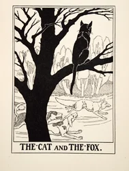 El gato y el zorro, de Cien fábulas de Esopo, pub.1903 (grabado)