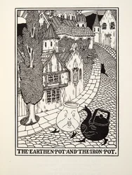 La olla de barro y la olla de hierro, de Fábulas de Fontaine, pub. 1905
