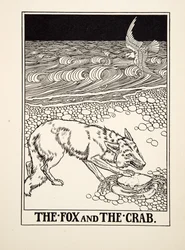 El zorro y el cangrejo, de Cien fábulas de Esopo, pub.1903 (grabado)