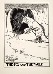 El zorro y el lobo, de Cien fábulas de Esopo, pub.1903 (grabado)