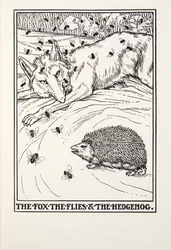 El Zorro, las Moscas y el Erizo, de las Fábulas de Fontaine, pub. 1905