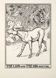El león y el burro cazando, de Fábulas de Fontaine, pub. 1905