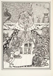 El león y sus asociados, frontispicio, de Fábulas de Fontaine, pub. 1905
