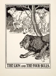 El león y los cuatro toros, de Cien fábulas de Esopo, pub. 1903 (grabado)