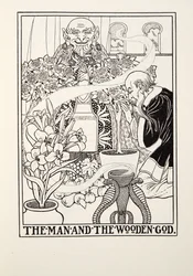 El hombre y el dios de madera, de Fábulas de Fontaine, pub. 1905