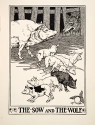 La cerda y el lobo, de Cien fábulas de Esopo, pub. 1903 (grabado)