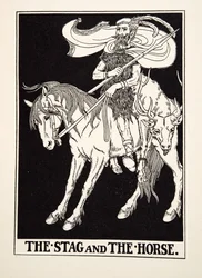 El ciervo y el caballo, de Cien fábulas de Esopo, pub.1903 (grabado)